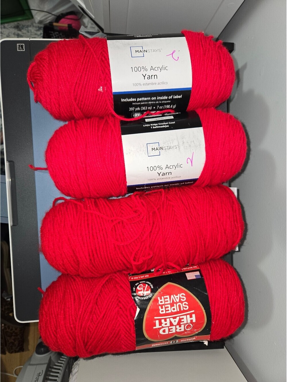 Lot of 4 Red Acrylic Yarn Skeins - Includes Red Heart Super Saver and Mainstays